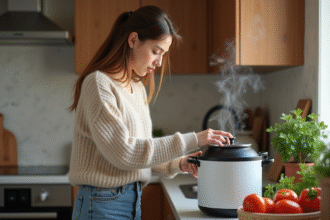 Jeune femme cuisine avec une cocotte vapeur moderne dans sa cuisine chaleureuse