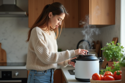 Jeune femme cuisine avec une cocotte vapeur moderne dans sa cuisine chaleureuse