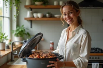 Femme souriante dans la cuisine avec Cookeo et plat de boeuf carotte
