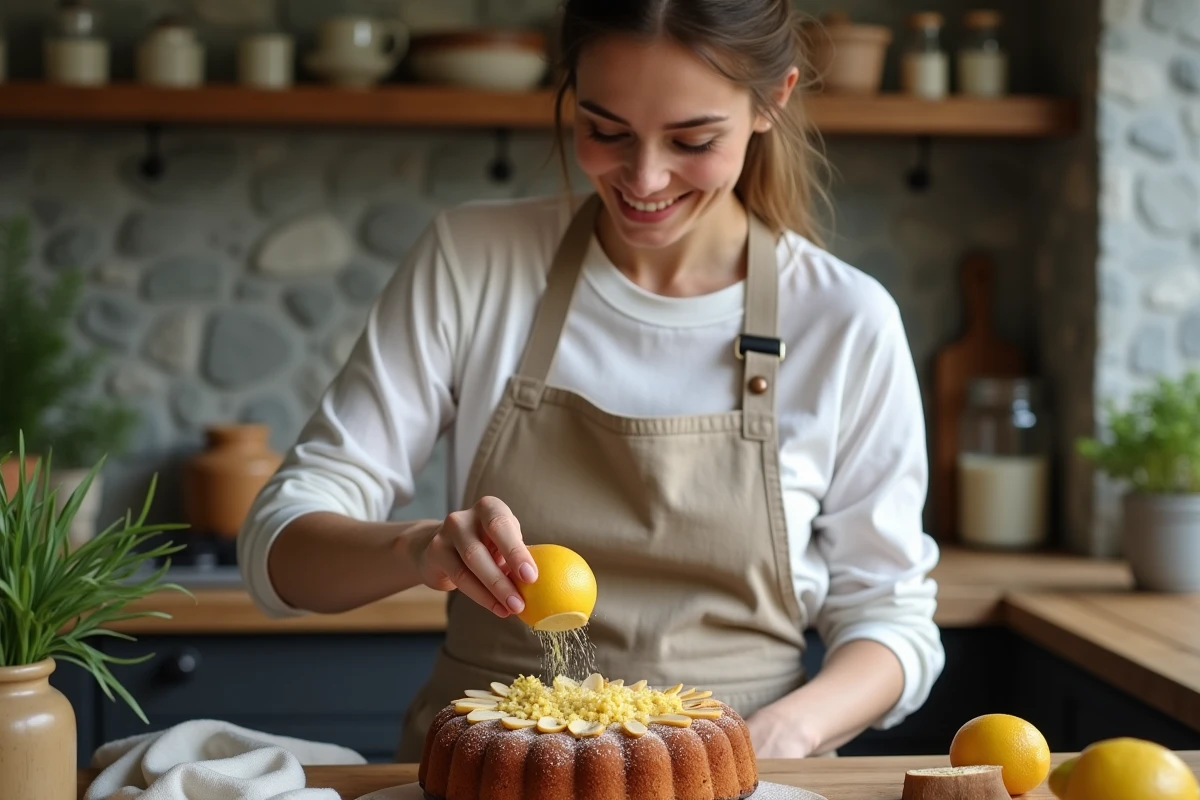 Femme zestant un citron sur un gâteau aux amandes dans une cuisine chaleureuse