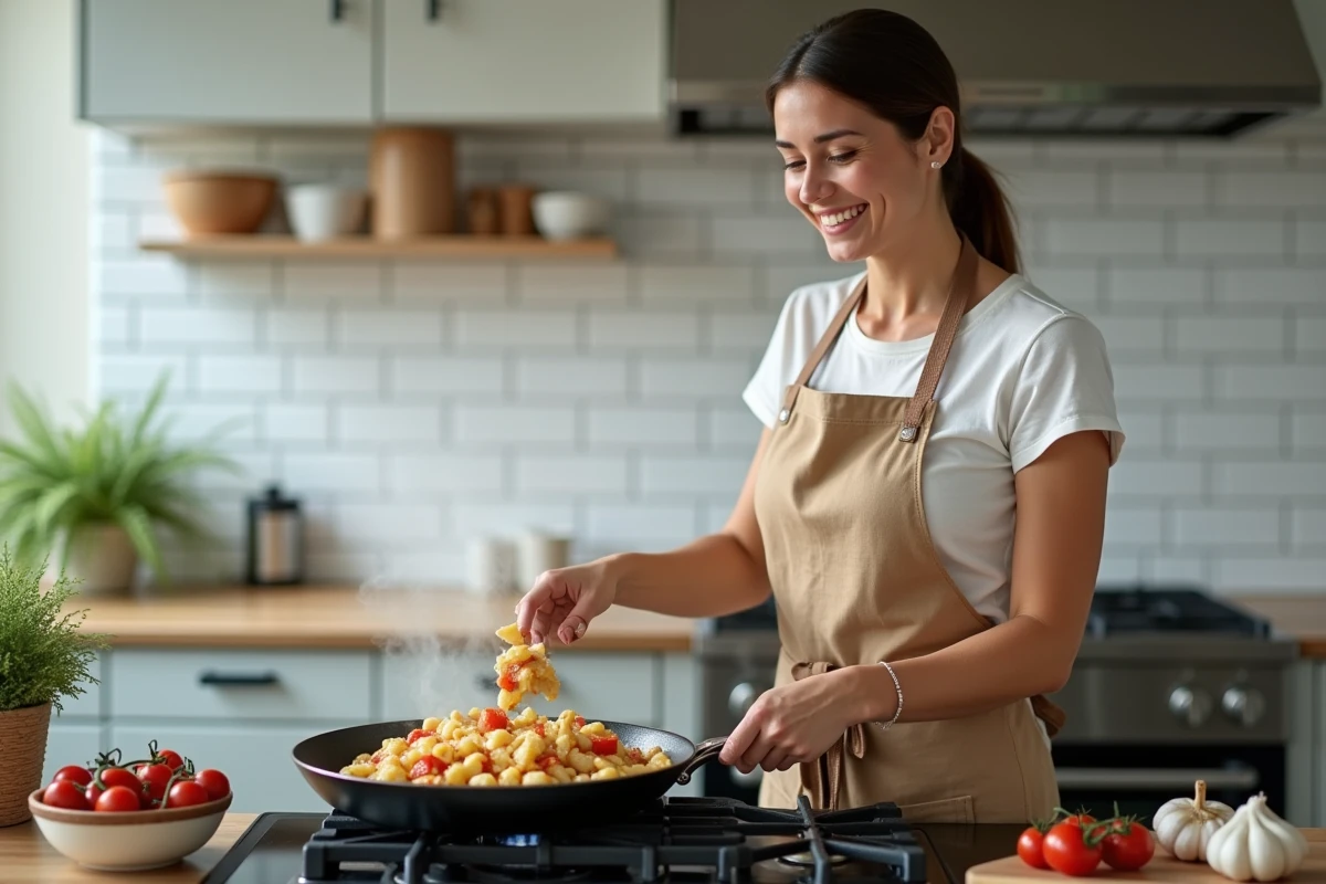 Femme cuisinant des gnocchi à poêler avec du poulet dans une cuisine moderne, remuant la poêle avec de la vapeur qui s'élève