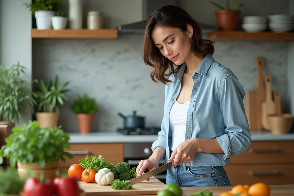 Jeune femme en cuisine coupant des légumes frais