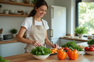 Femme souriante préparant légumes frais dans la cuisine