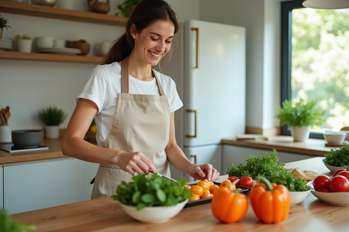 Femme souriante préparant légumes frais dans la cuisine