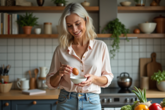Femme en cuisine versant un œuf dans un bol en céramique