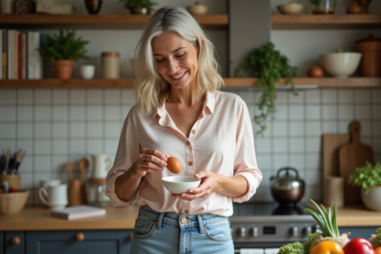 Femme en cuisine versant un œuf dans un bol en céramique
