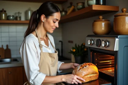 Femme en cuisine ancienne plaçant un pain dans un four vintage