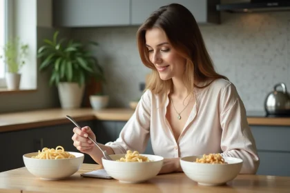 Femme comparant trois types de pâtes cuites à la maison