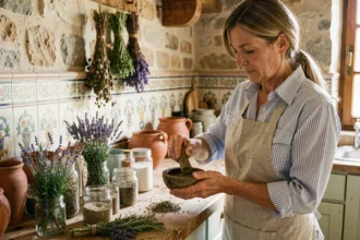 Femme provençale mélangeant des épices traditionnelles dans un mortier en bois dans une cuisine rustique en pierre