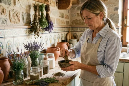 Femme provençale mélangeant des épices traditionnelles dans un mortier en bois dans une cuisine rustique en pierre