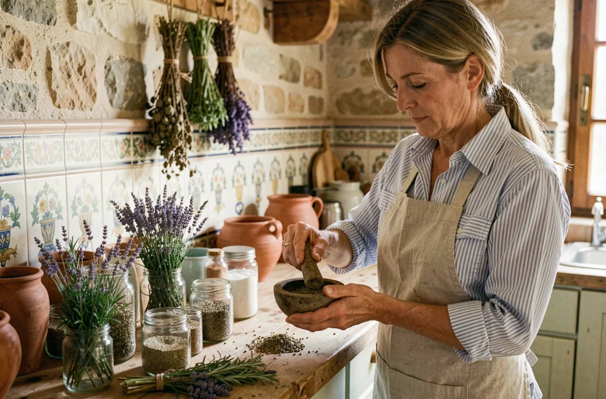 Femme provençale mélangeant des épices traditionnelles dans un mortier en bois dans une cuisine rustique en pierre