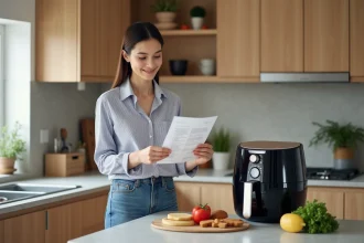 Jeune femme en cuisine avec un airfryer et recette PDF