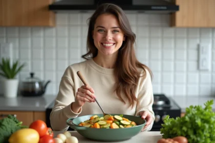 Femme souriante en cuisine avec plat de zucchini et pommes de terre