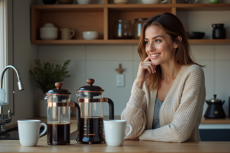Femme regardant différentes cafetières dans une cuisine moderne
