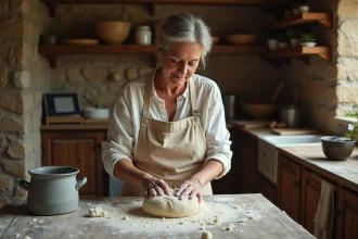 Femme façonnant une boule de pain de campagne sur une table en bois rustique dans une cuisine en pierre