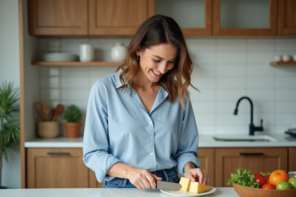 Femme souriante coupant du fromage artisanal dans une cuisine lumineuse