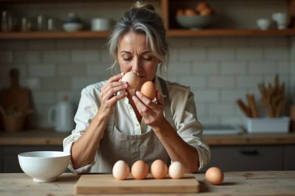 Femme inspectant des œufs dans une cuisine rustique