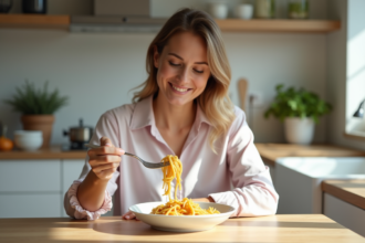 Femme souriante dégustant des pâtes keto dans sa cuisine lumineuse