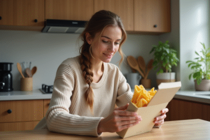 Jeune femme examine étiquette de keto pasta dans la cuisine