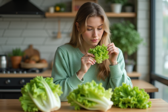 Jeune femme examine des laitues fraîches à la maison