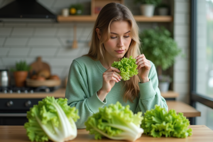Jeune femme examine des laitues fraîches à la maison