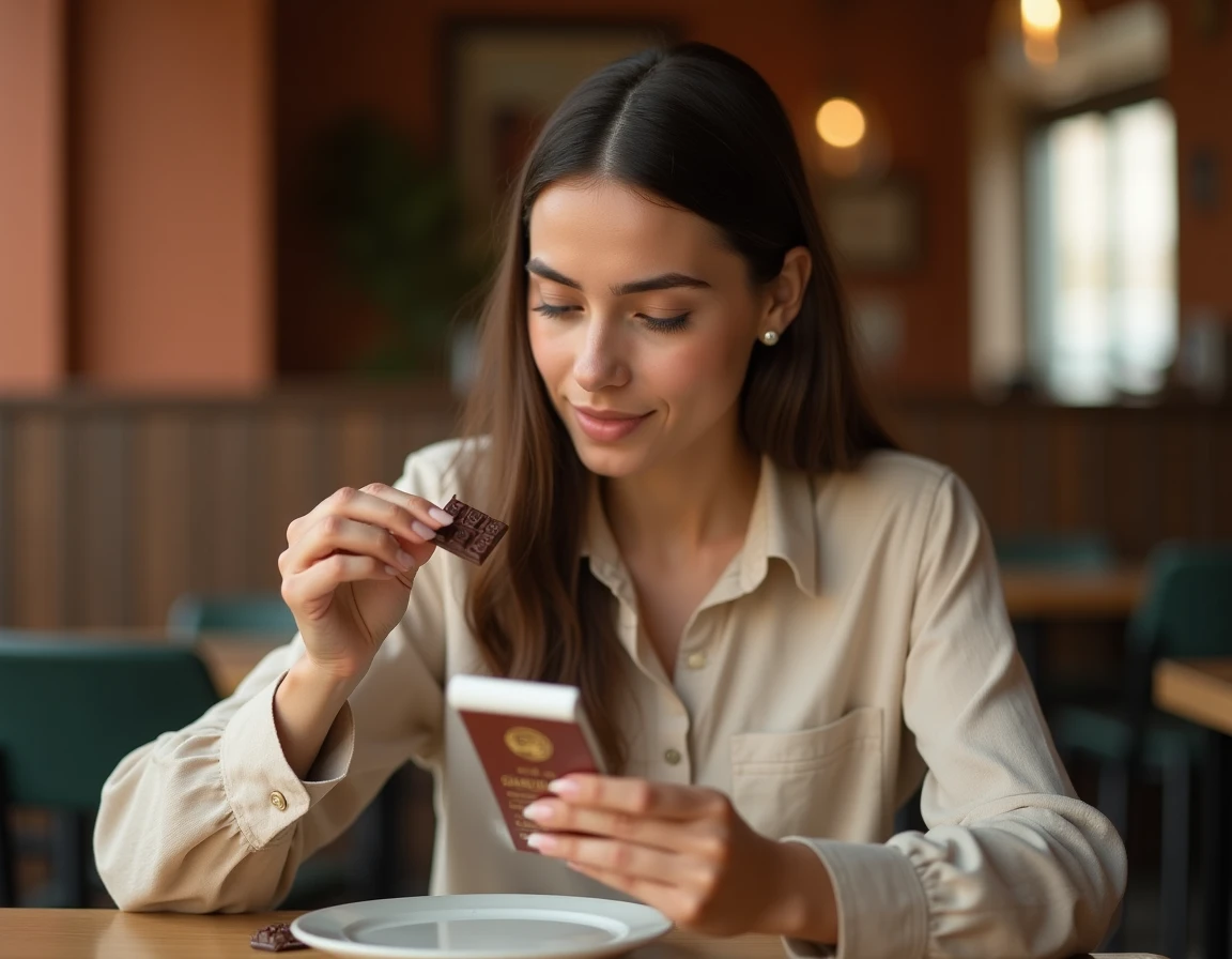 Jeune femme lisant l'étiquette nutritionnelle d'un chocolat Dubaï dans un café moderne