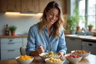 Femme souriante avec légumes dans une cuisine moderne