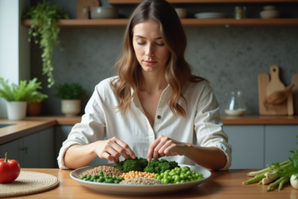 Jeune femme arrangeant des légumes riches en protéines dans la cuisine