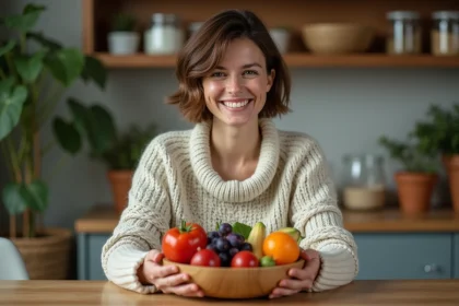 Femme souriante avec bol de légumes et fruits V