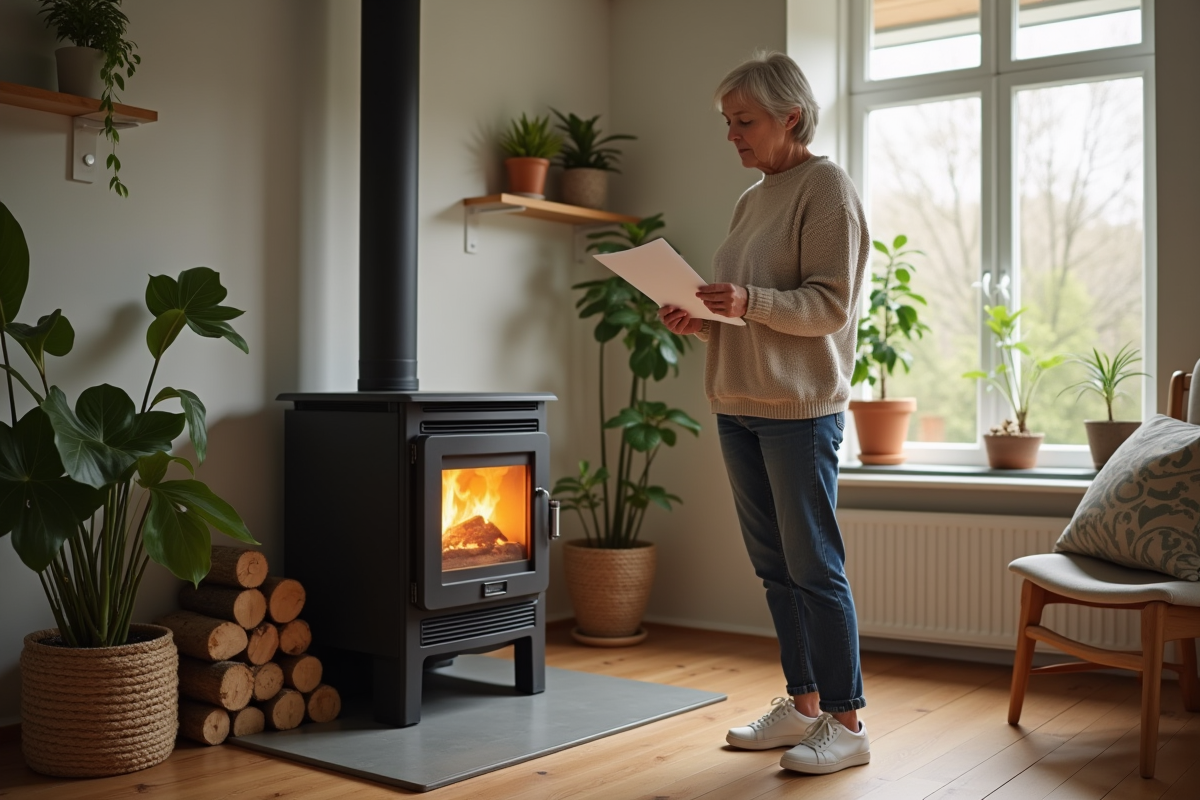 Femme d'âge moyen lisant un manuel près d'un poêle à bois moderne