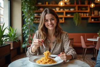 Jeune femme souriante dégustant des pâtes à Ober Mamma
