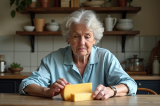 Femme mature examinant un morceau de fromage dans une cuisine chaleureuse