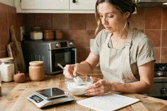 Femme mesurant de la farine avec une balance numérique dans une cuisine rustique en bois, suivant une recette manuscrite