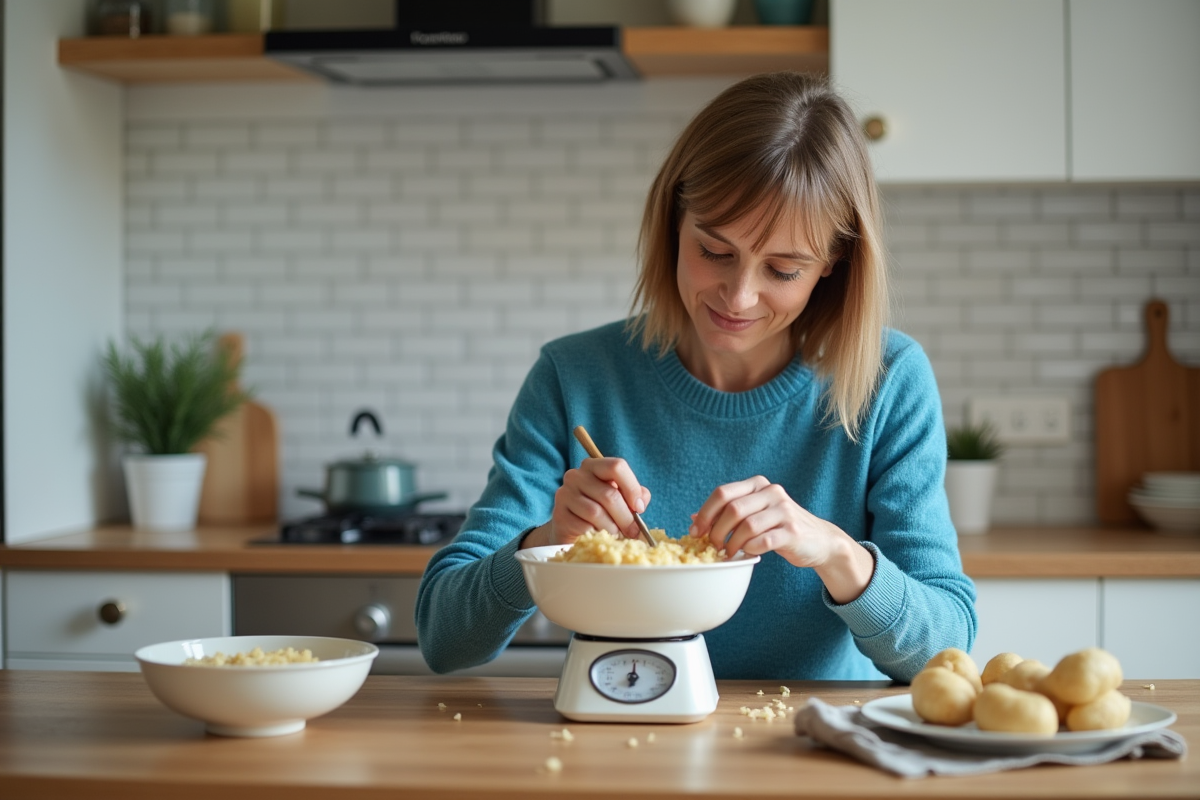Femme française mesure la poudre de mashed potatoes