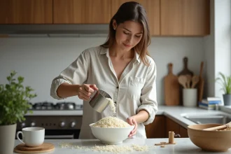 Femme mesurant du riz dans une cuisine moderne