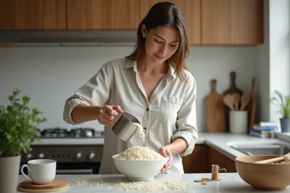 Femme mesurant du riz dans une cuisine moderne