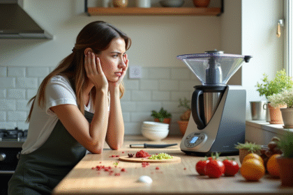 Femme frustrée dans une cuisine moderne avec un Thermomix sale