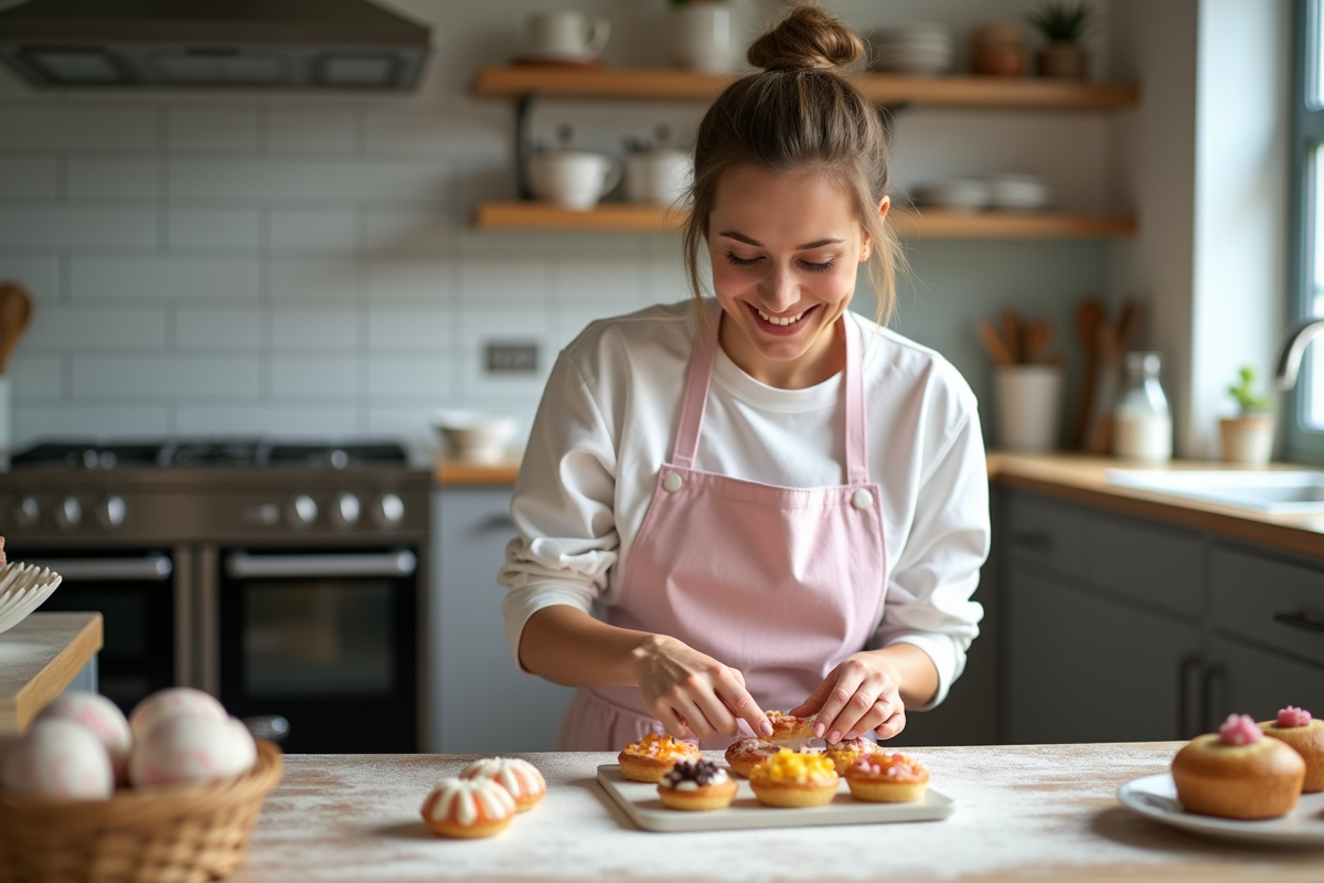 Femme souriante décorant des pâtisseries dans une cuisine lumineuse