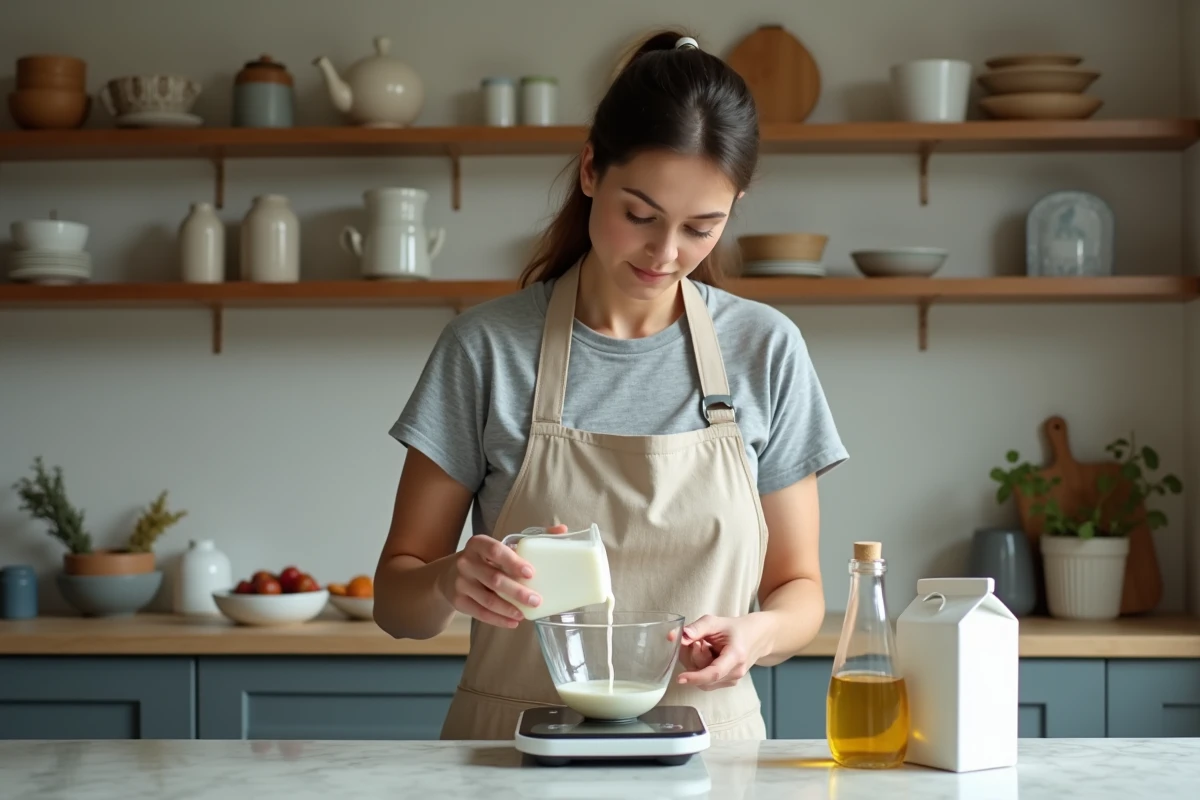 Femme versant de la crème dans une balance de cuisine pour convertir 40cl en grammes, avec du lait et de l'huile posés à côté