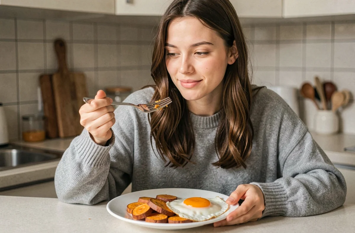 Jeune femme mangeant une assiette de patate douce et œuf au plat dans une cuisine d'appartement