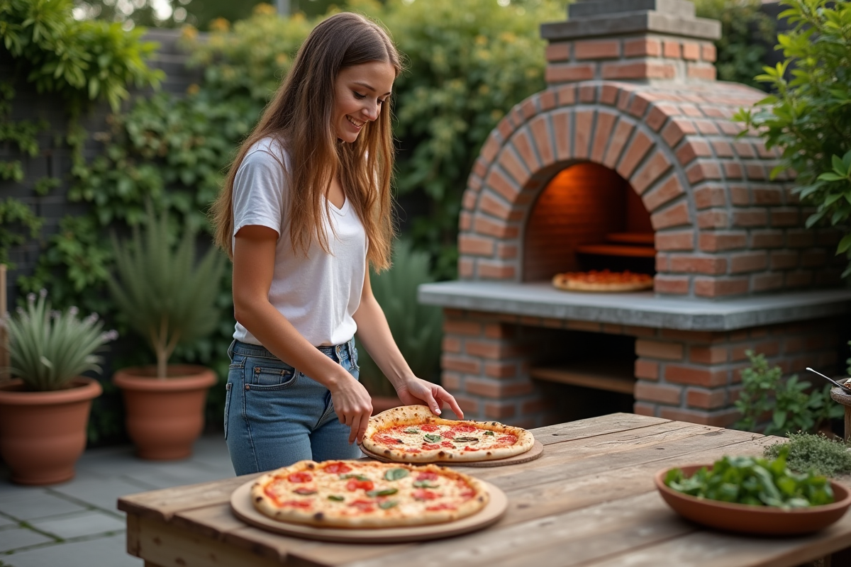 Femme place pizza dans four à pizza en plein air