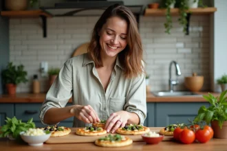 Femme souriante préparant des mini pizzas vegan dans la cuisine