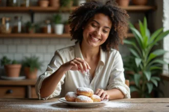 Femme en cuisine poudrant des beignets à la noix de coco