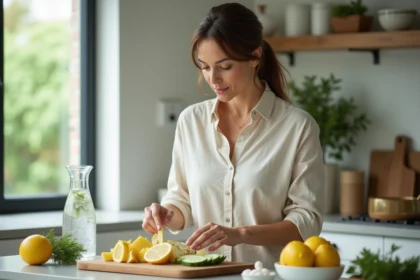 Femme préparant une eau infusée aux agrumes dans la cuisine