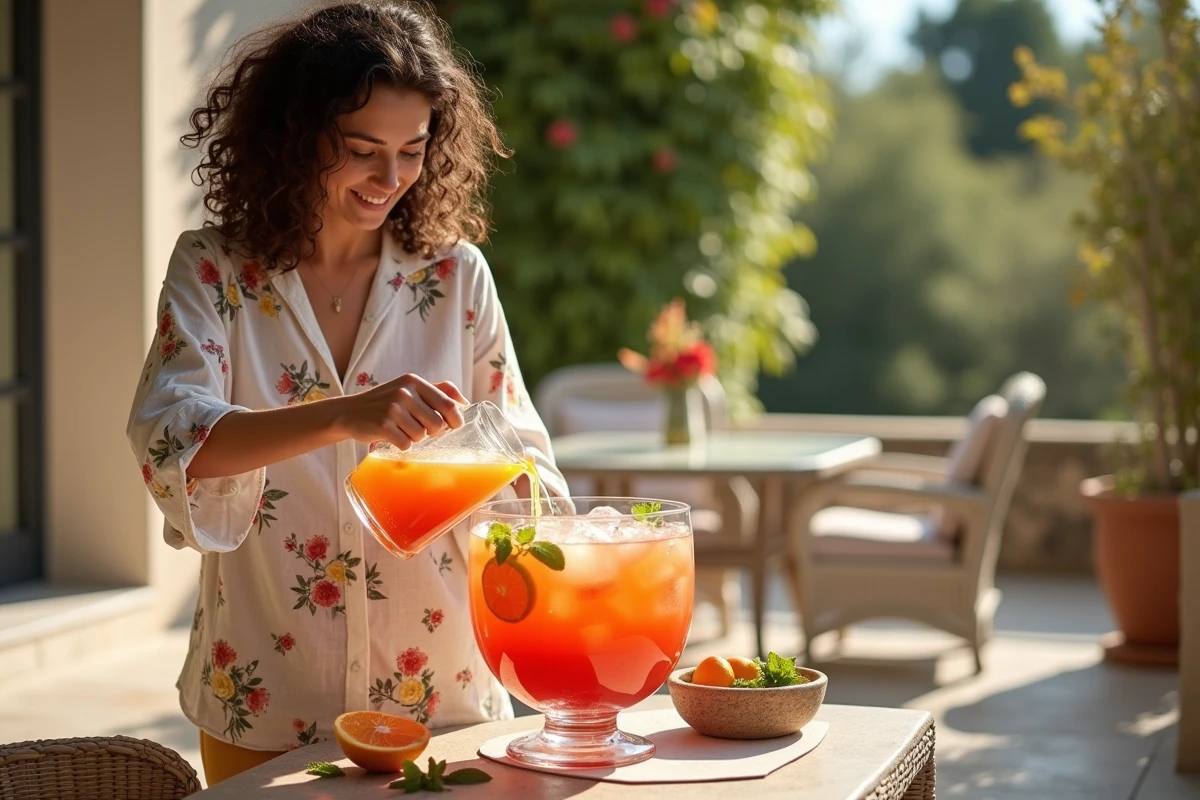 Femme versant un punch exotique coloré dans un grand saladier en verre sur une terrasse ensoleillée