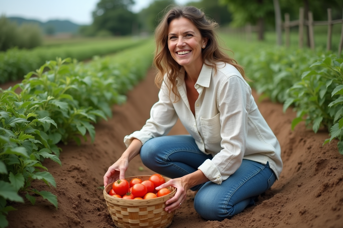 Femme souriante récoltant des tomates bio dans un jardin