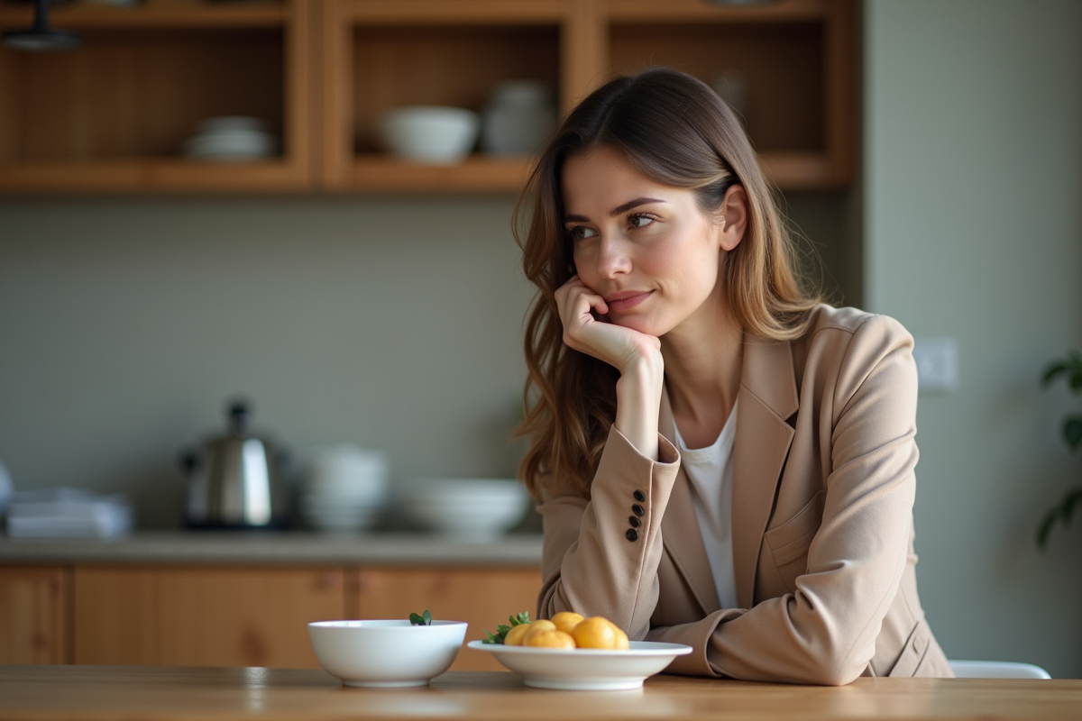 Femme pensante devant un repas équilibré à la maison
