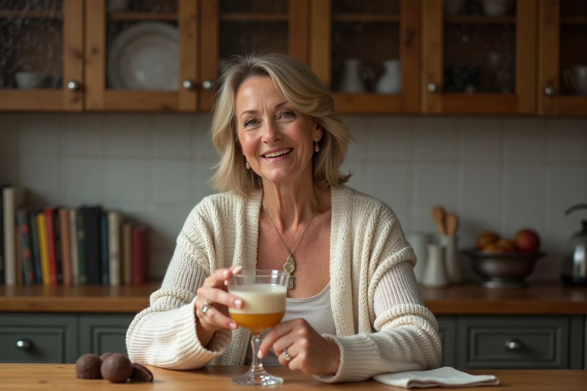 Femme dégustant une crème irlandaise dans sa cuisine chaleureuse