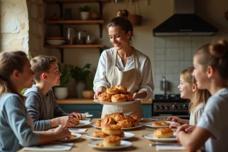 Femme souriante servant des bouchées à la reine en famille
