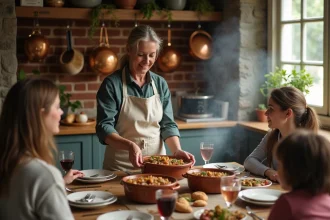 Femme française servant un cassoulet dans une cuisine chaleureuse